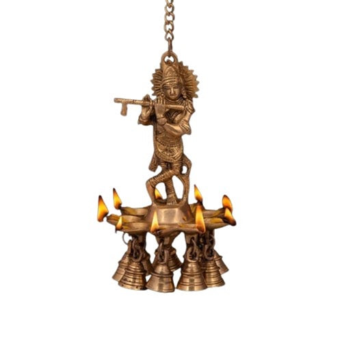 Brass Hanging Krishan Oil lamp for Home/ Temple/ Gift Item/ Home Decor with Hanging Bells